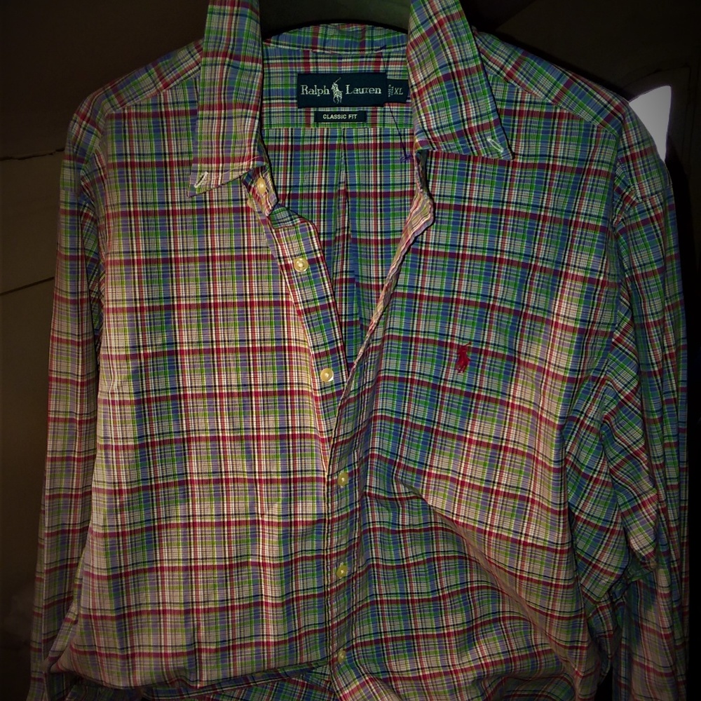 Vintage Ralph Lauren Classic Cotton Fit Plaid Pattern Button Down XL Dress Shirt